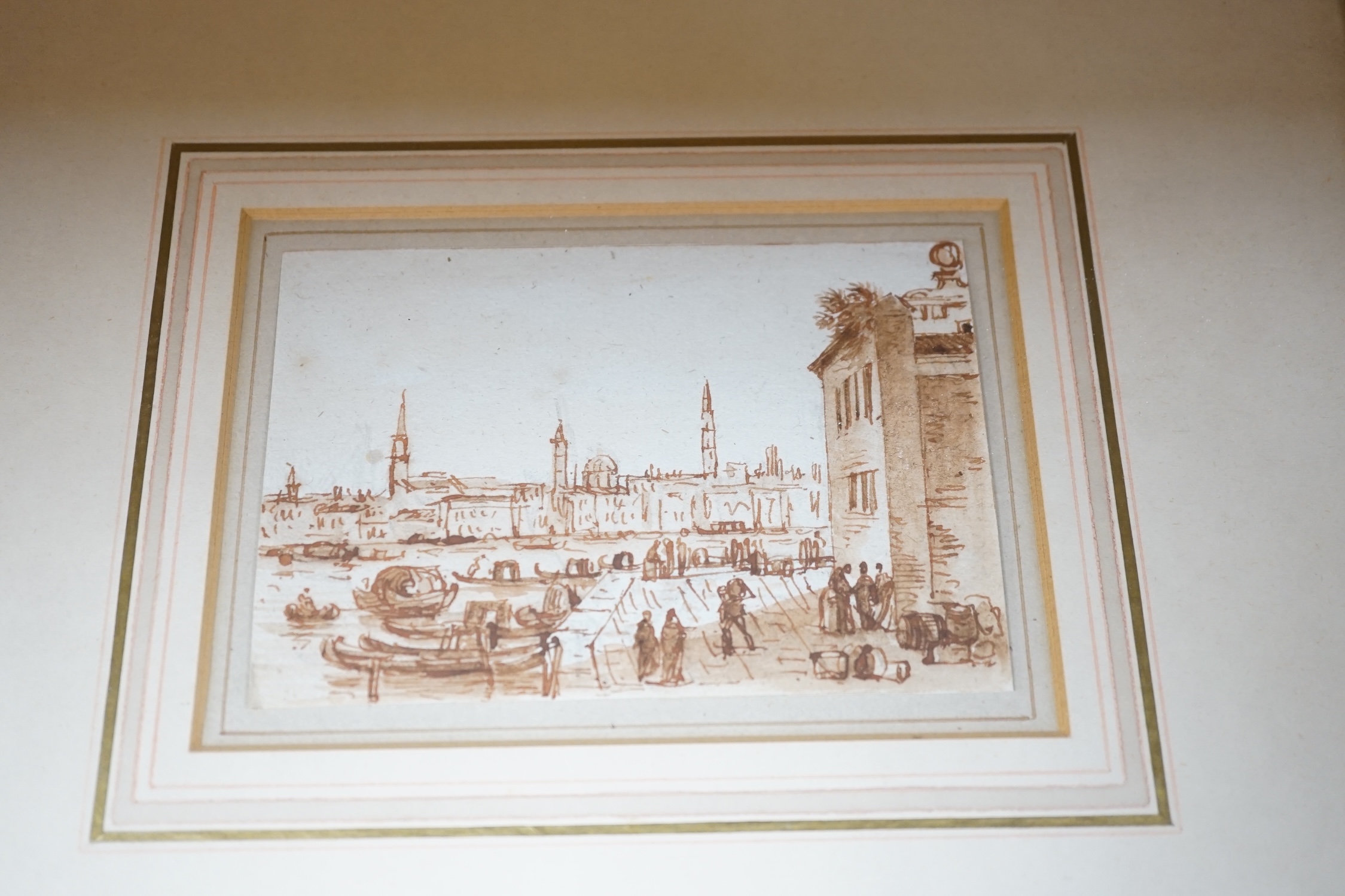 Four 18th/19th century sepia pen and ink sketches, Venetian scenes including 'La douane de mer a Venise', largest 10.5 x 14cm. Condition - fair, discolouration and foxing throughout commensurate with age